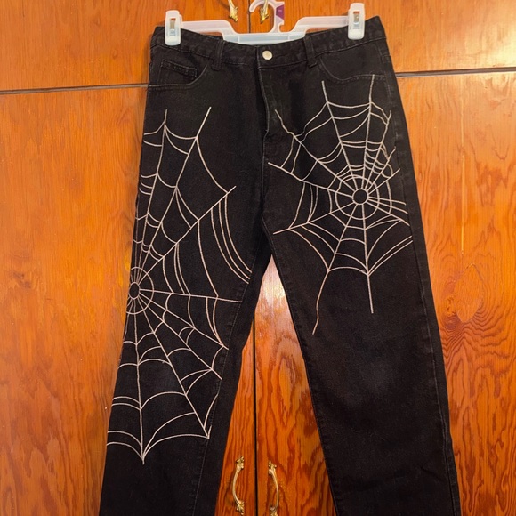 Denim - Black Spider Web Design Wide Leg Jeans